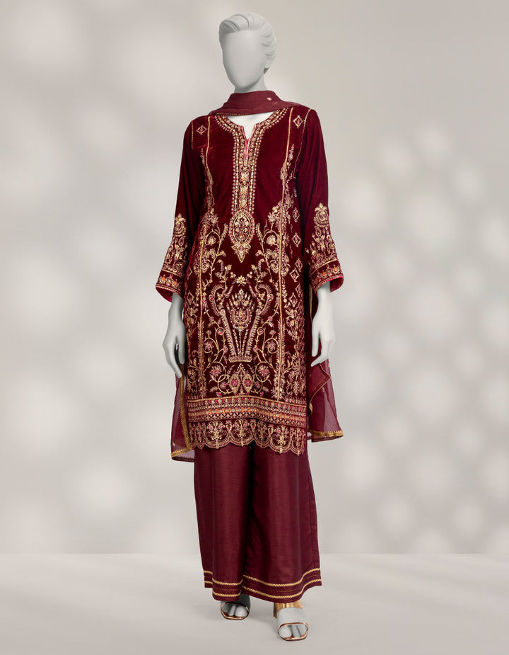Velvet Maroon Stitched Suit - J. Junaid Jamshed