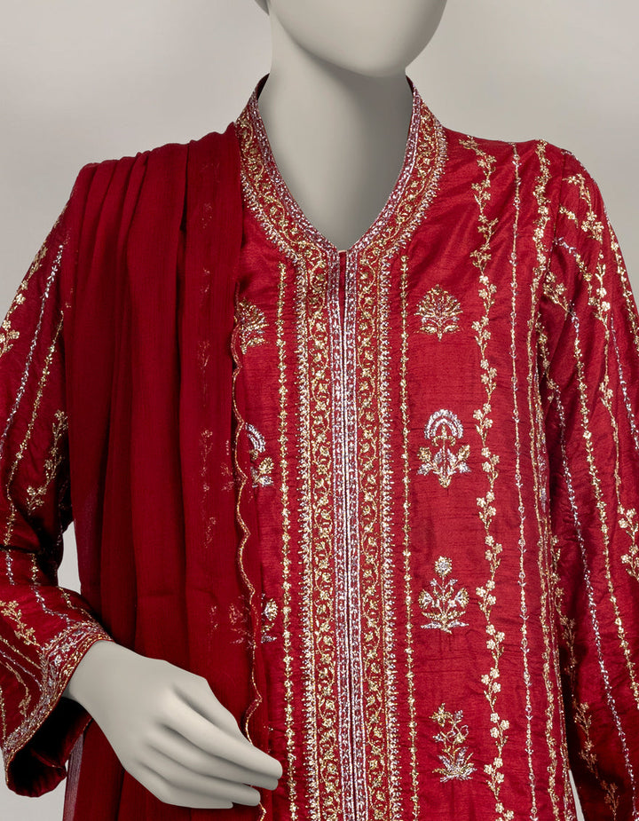 Raw Silk Maroon Stitched Suit - J. Junaid Jamshed