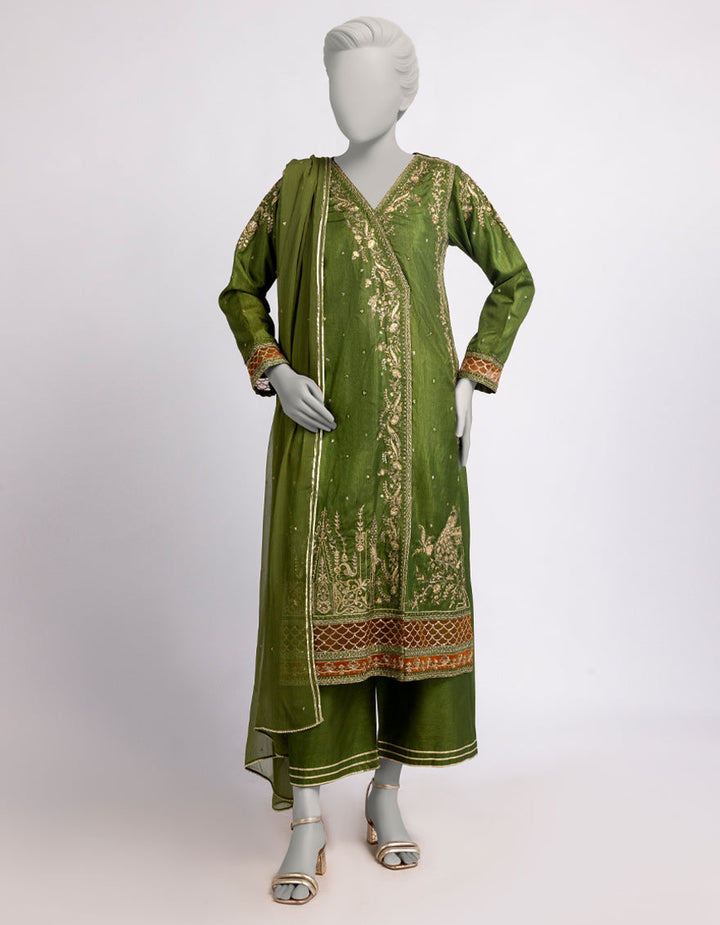 Raw Silk Mehndi Stitched Suit - J. Junaid Jamshed