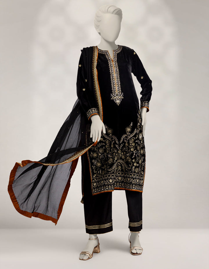 Velvet Black Stitched Suit - J. Junaid Jamshed