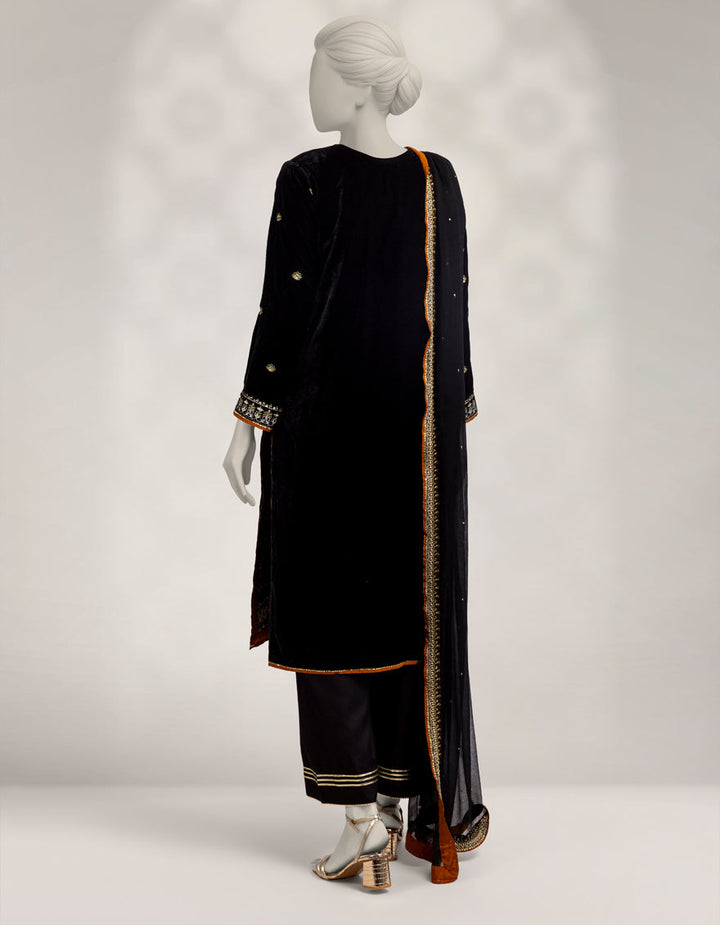 Velvet Black Stitched Suit - J. Junaid Jamshed