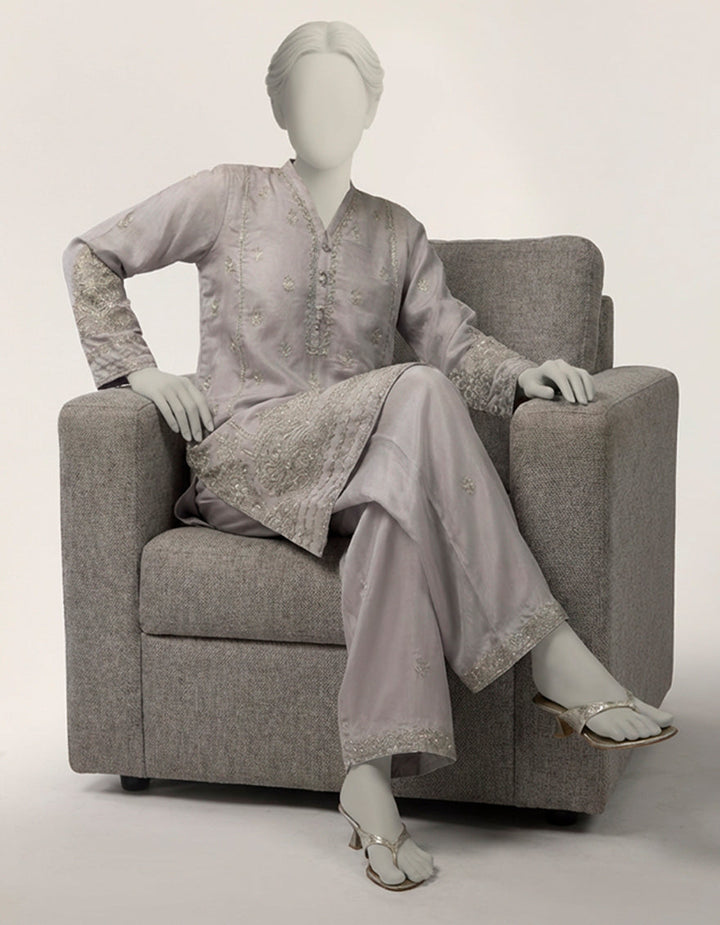 Raw Silk Lilac Stitched Suit - J. Junaid Jamshed