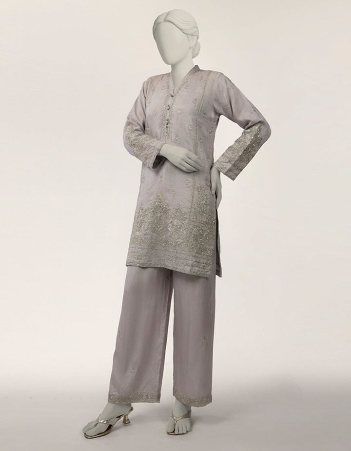 Raw Silk Lilac Stitched Suit - J. Junaid Jamshed