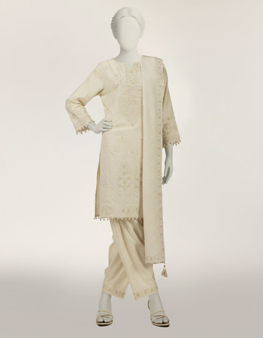 Raw Silk White Stitched Suit - J. Junaid Jamshed