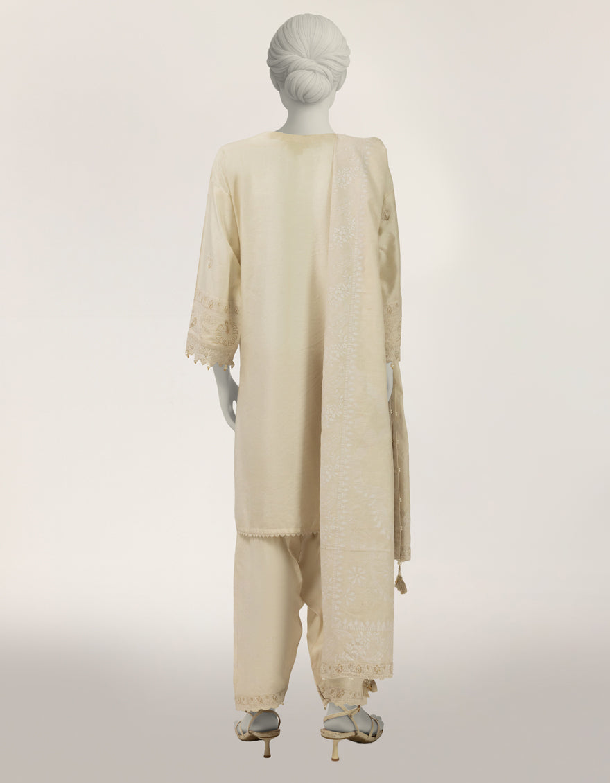 Raw Silk White Stitched Suit - J. Junaid Jamshed