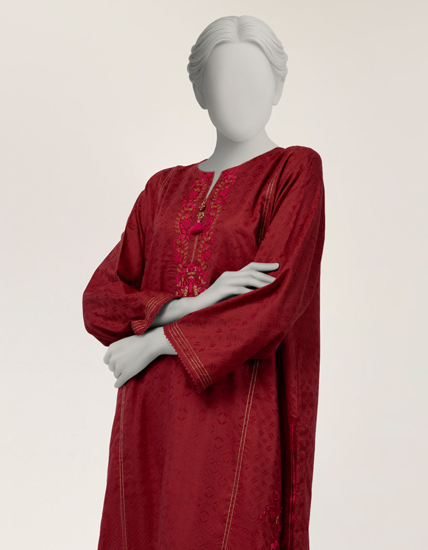 Dobby Maroon Kurti - J. Junaid Jamshed