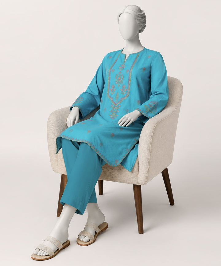 Dobby Blue Kurti - J. Junaid Jamshed