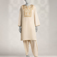 Raw Silk Off White Stitched Suit - J. Junaid Jamshed