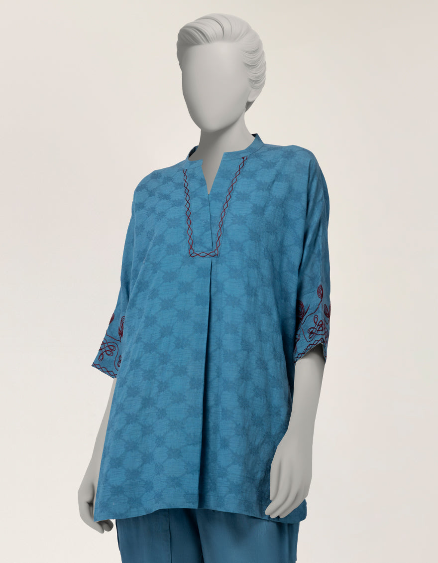 Dobby Blue Stitched Suit - J. Junaid Jamshed