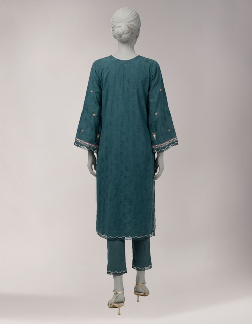 Textured Teal Unstitched Suit - J. Junaid Jamshed