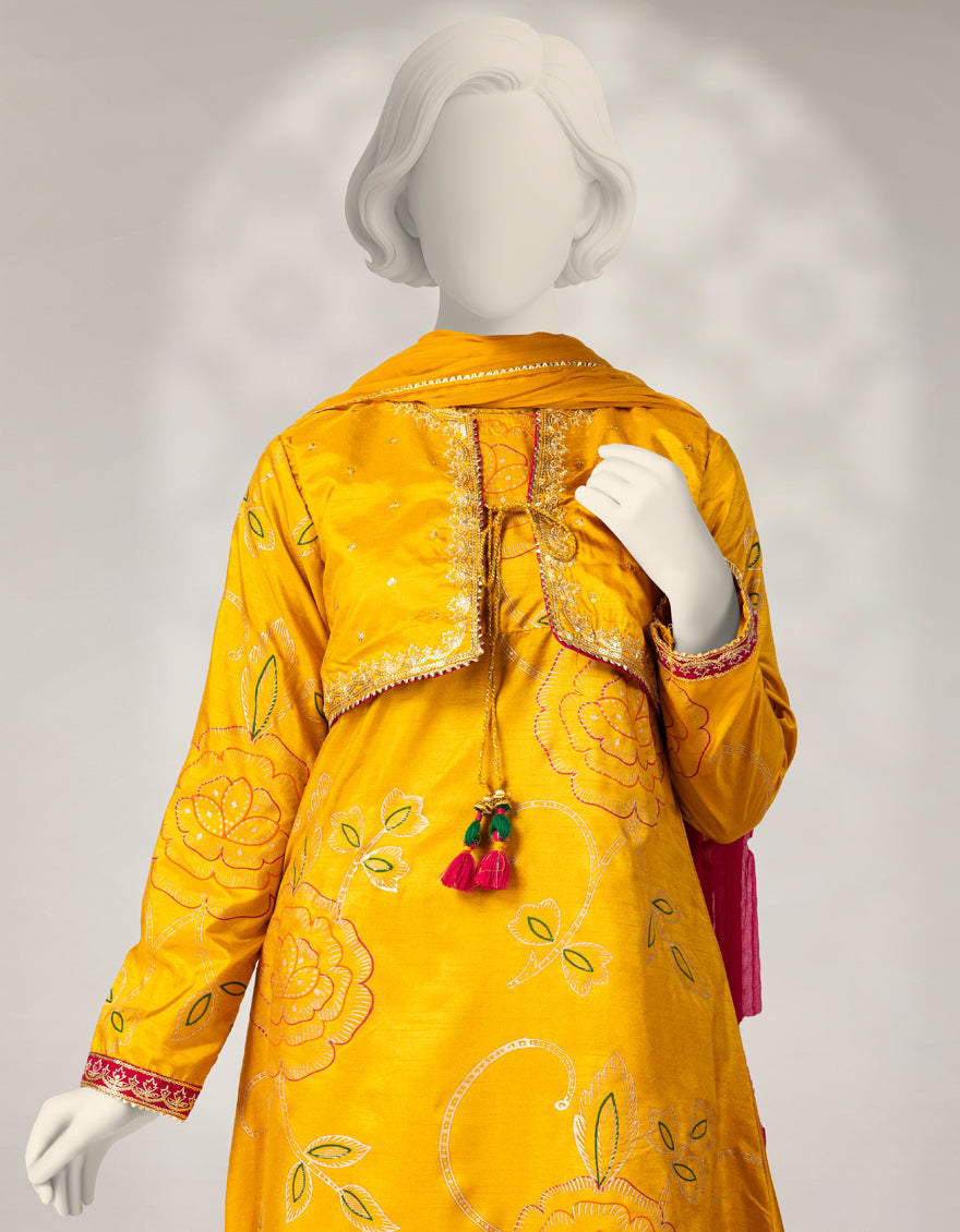 Raw Silk Yellow Stitched Suit - J. Junaid Jamshed