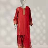 Silk Red Stitched Suit - J. Junaid Jamshed