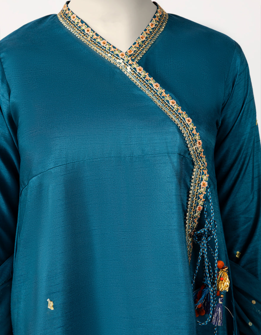 Raw Silk Teal Stitched Suit - J. Junaid Jamshed