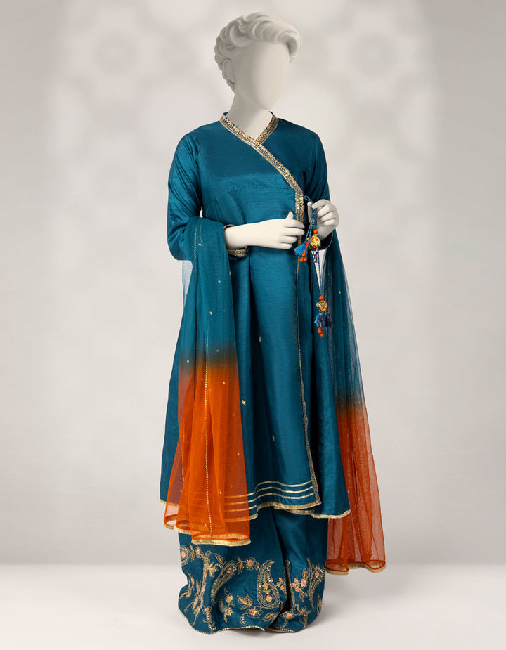 Raw Silk Teal Stitched Suit - J. Junaid Jamshed