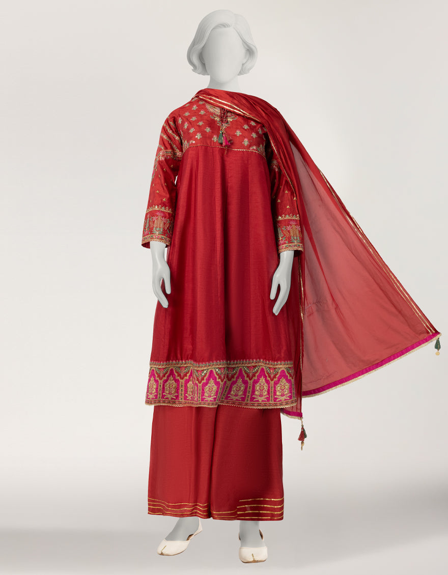 Raw Silk Red Stitched Suit - J. Junaid Jamshed