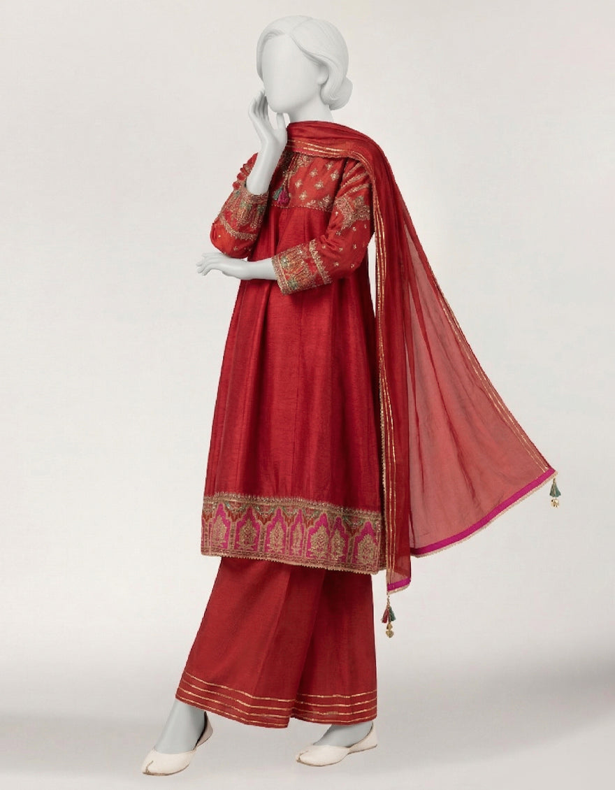 Raw Silk Red Stitched Suit - J. Junaid Jamshed