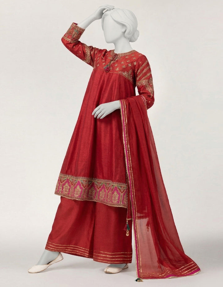 Raw Silk Red Stitched Suit - J. Junaid Jamshed