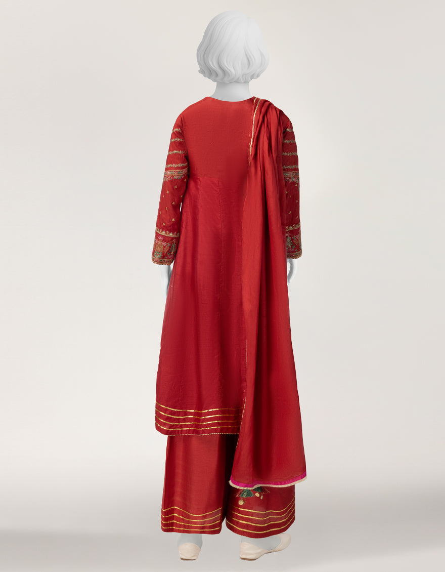 Raw Silk Red Stitched Suit - J. Junaid Jamshed