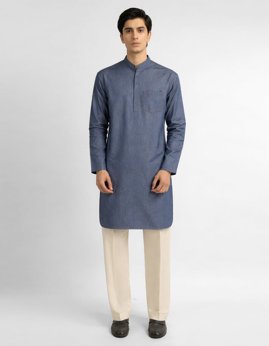 Cotton Denim Blue Kurta - J. Junaid Jamshed