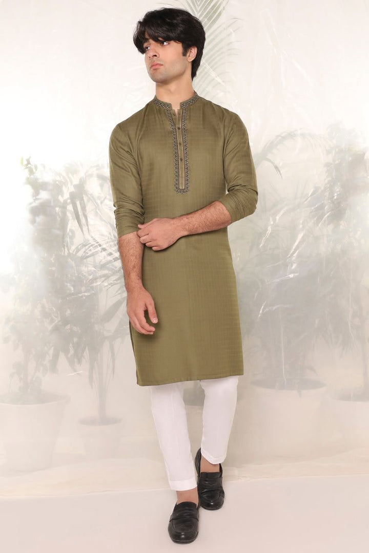 Cotton Mehndi Green Kurta - J. Junaid Jamshed