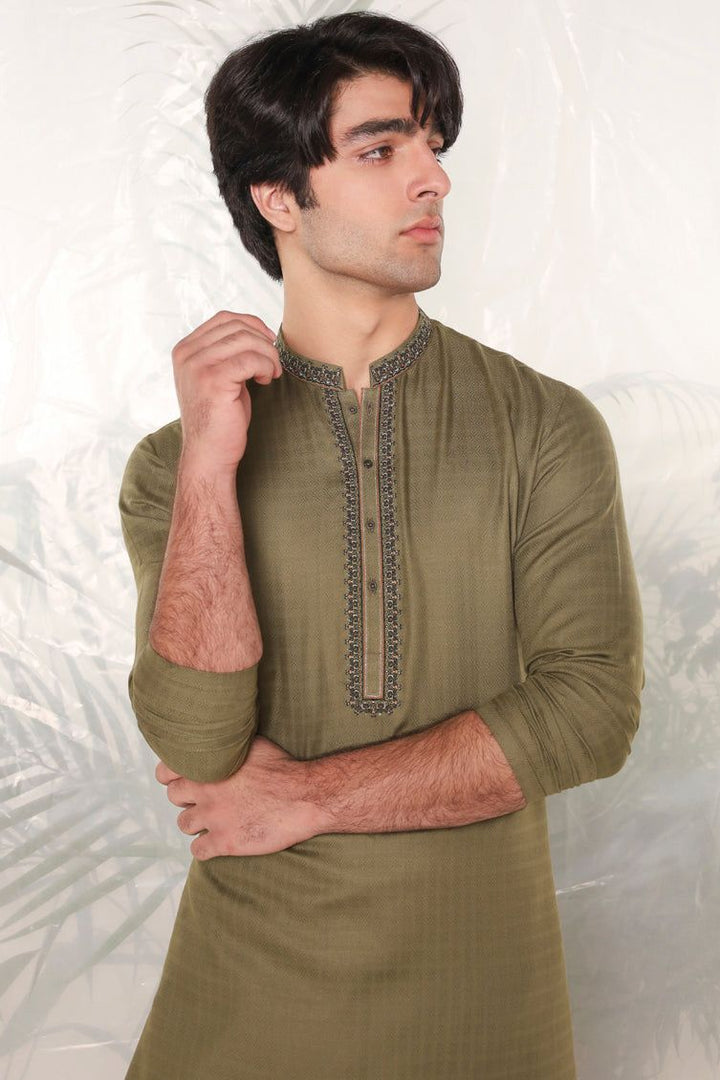 Cotton Mehndi Green Kurta - J. Junaid Jamshed