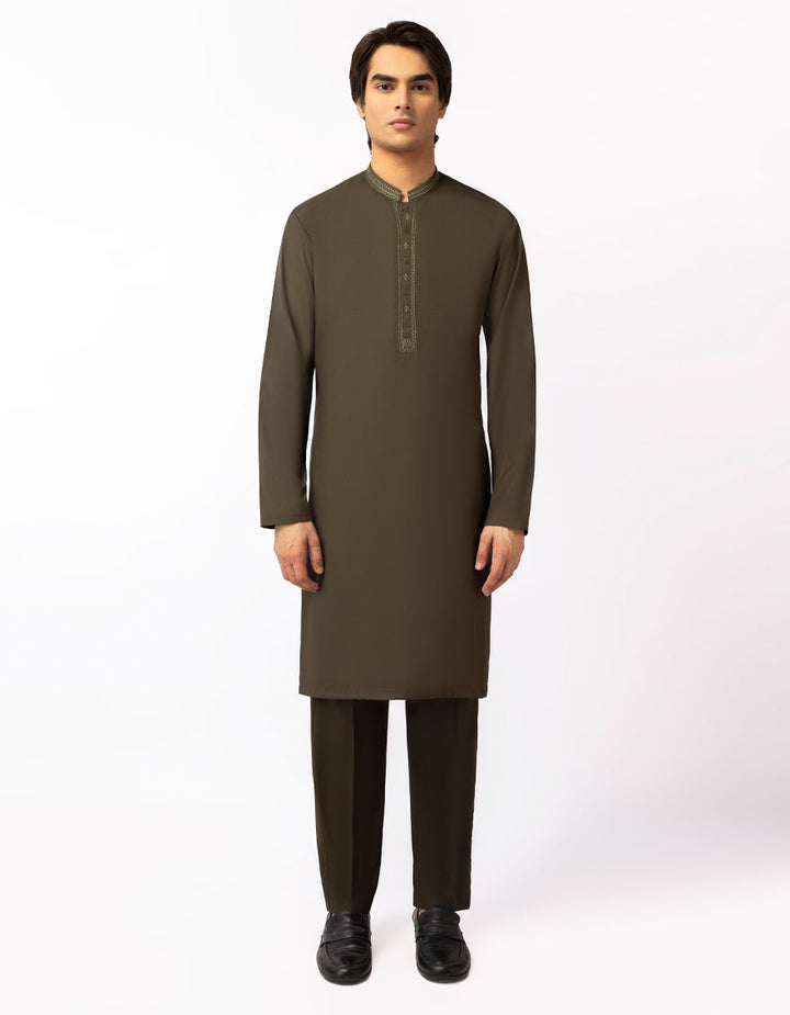 Blended Mehndi Green Kurta Trouser - J. Junaid Jamshed