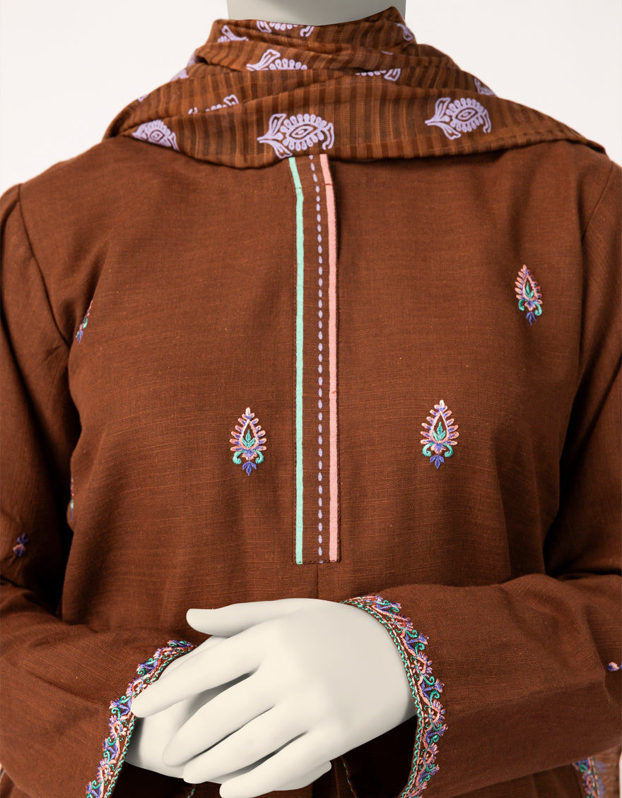 Khaddar Slub Brown Stitched Suit - J. Junaid Jamshed
