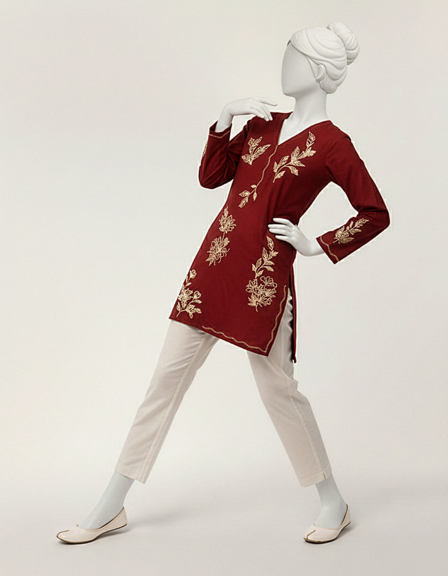 Textured Maroon Kurti - J. Junaid Jamshed