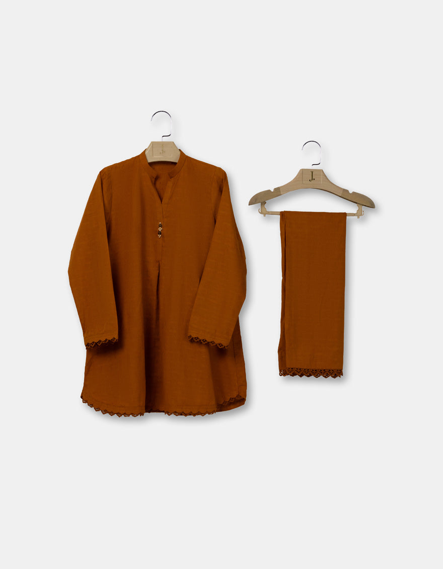 Textured Mustard Stitched Suit - J. Junaid Jamshed
