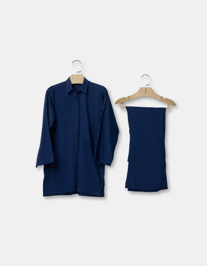 Textured Blue Stitched Suit - J. Junaid Jamshed