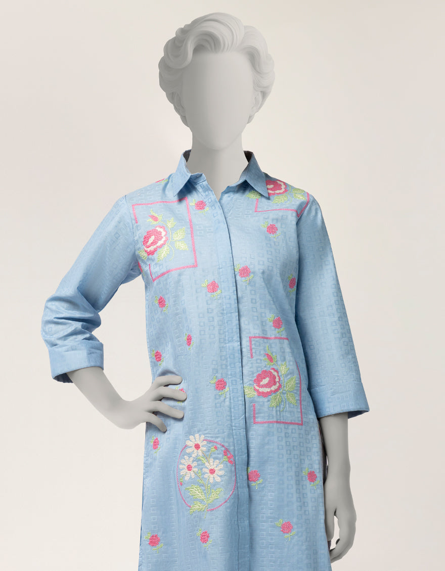 Dobby Blue Stitched Suit - J. Junaid Jamshed