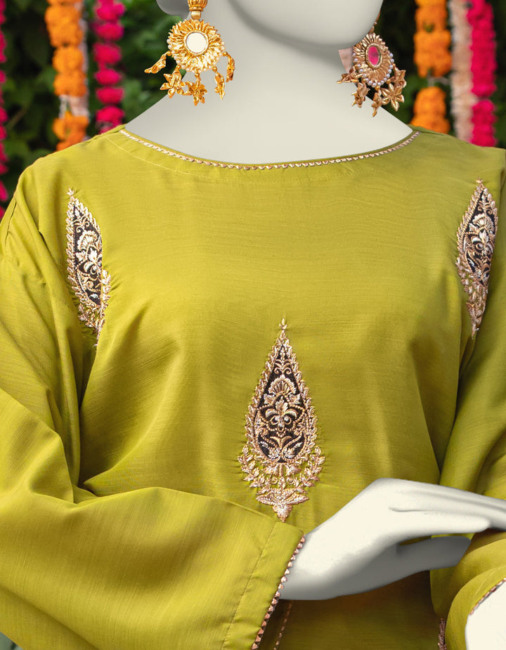 Raw Silk Green Kurti - J. Junaid Jamshed