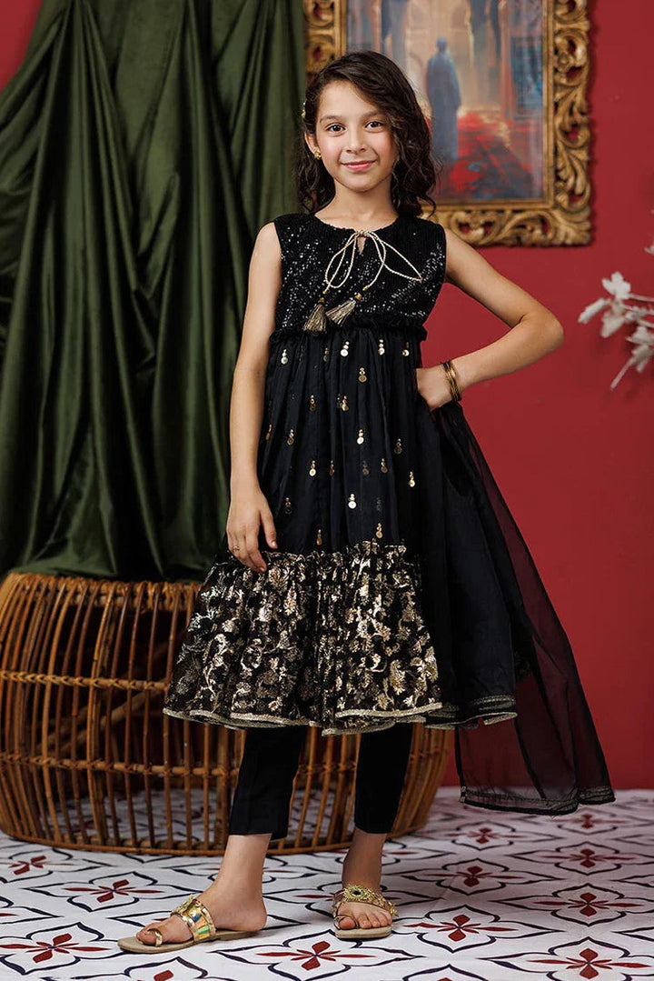 Polyester Organza Jacquard Gold & Black Stitched Suit - Senorita
