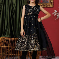 Polyester Organza Jacquard Gold & Black Stitched Suit - Senorita