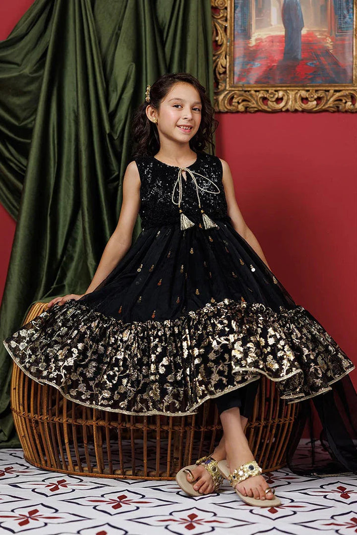 Polyester Organza Jacquard Gold & Black Stitched Suit - Senorita