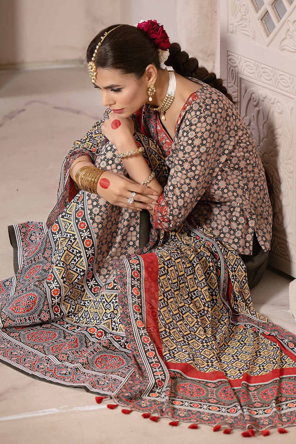 Printed Embroidered Olive 3 Piece Suit - Nishat