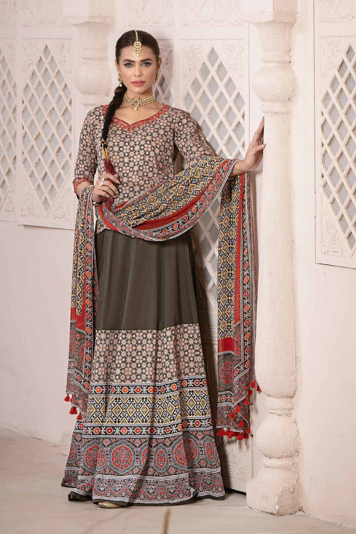 Printed Embroidered Olive 3 Piece Suit - Nishat