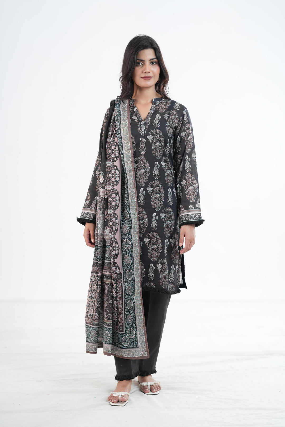 Khaddar Black Stitched Suit - Khaadi
