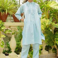 Khaddar Embellished Sky Blue Stitched Suit - Ochre