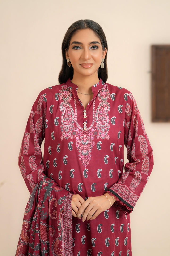 Printed Light Khaddar Deep Maroon Stitched Suit - Khaadi