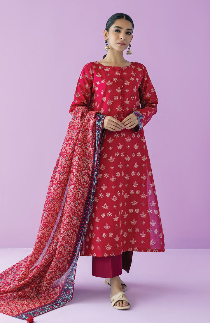 Lawn Red Unstitched Suit - Orient