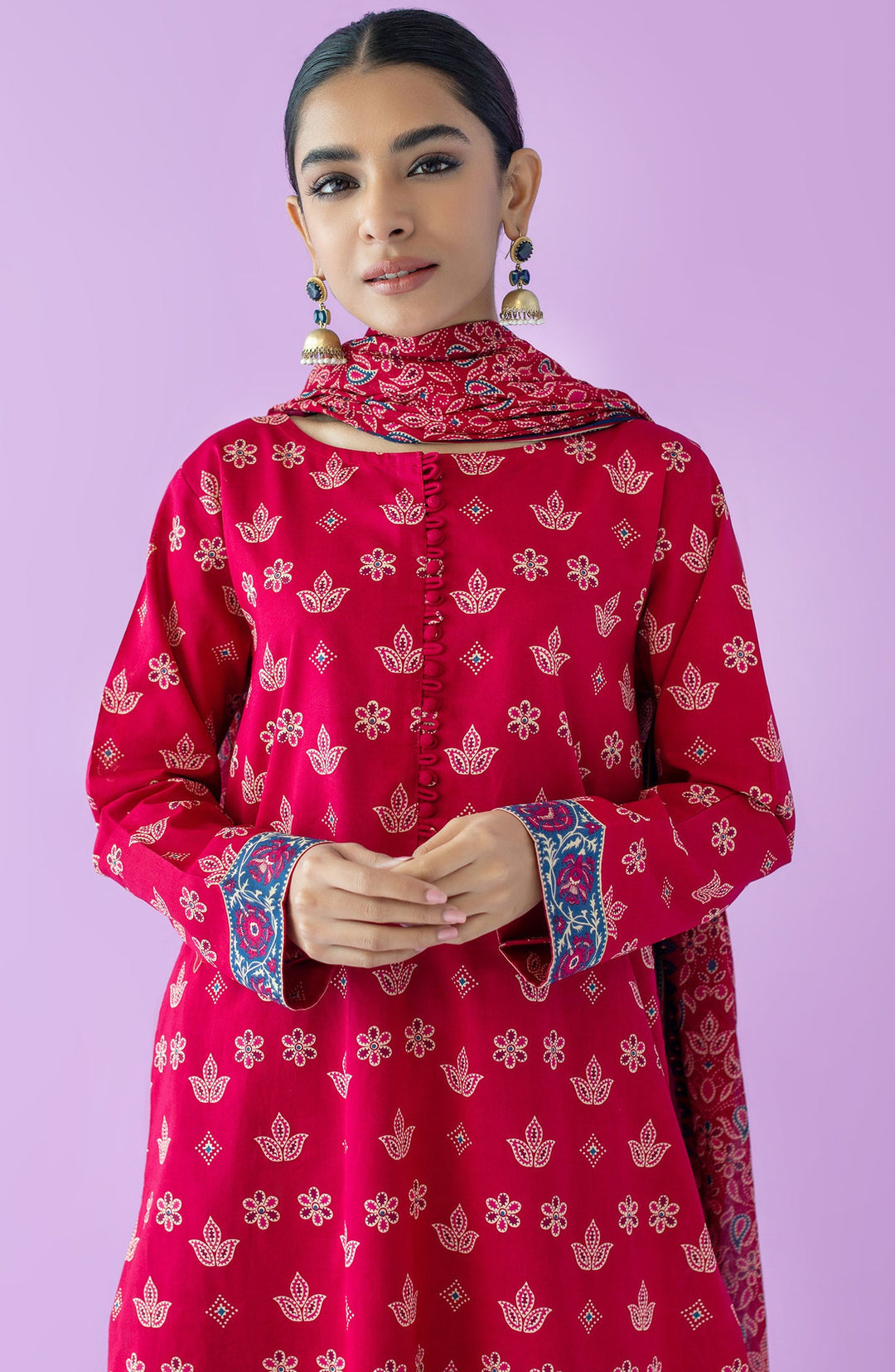 Lawn Red Unstitched Suit - Orient