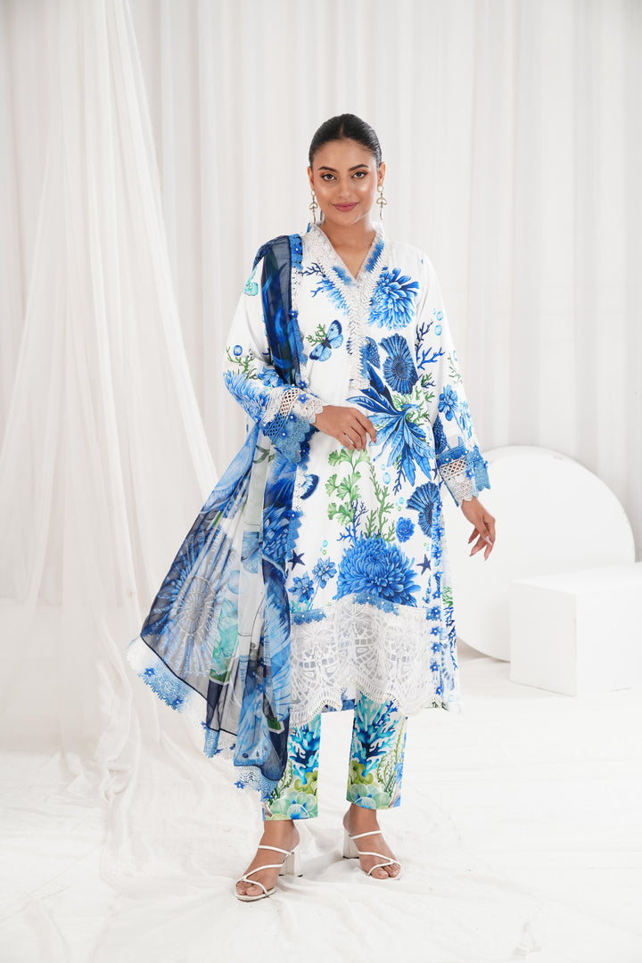 Printed Lawn Blue & White Stitched Suit - Maria B M Prints