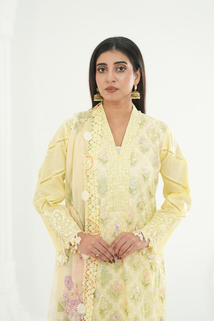 Embroidered Lawn Yellow Stitched Suit - Maria B M Print '26