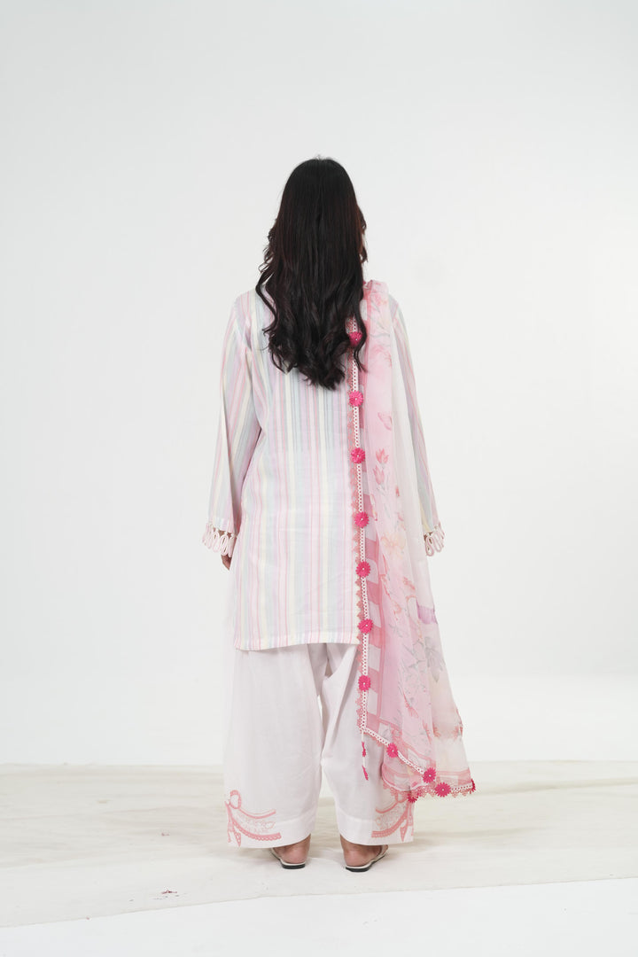Embroidered Lawn White & Pink Stitched Suit - Maria B M Print '26