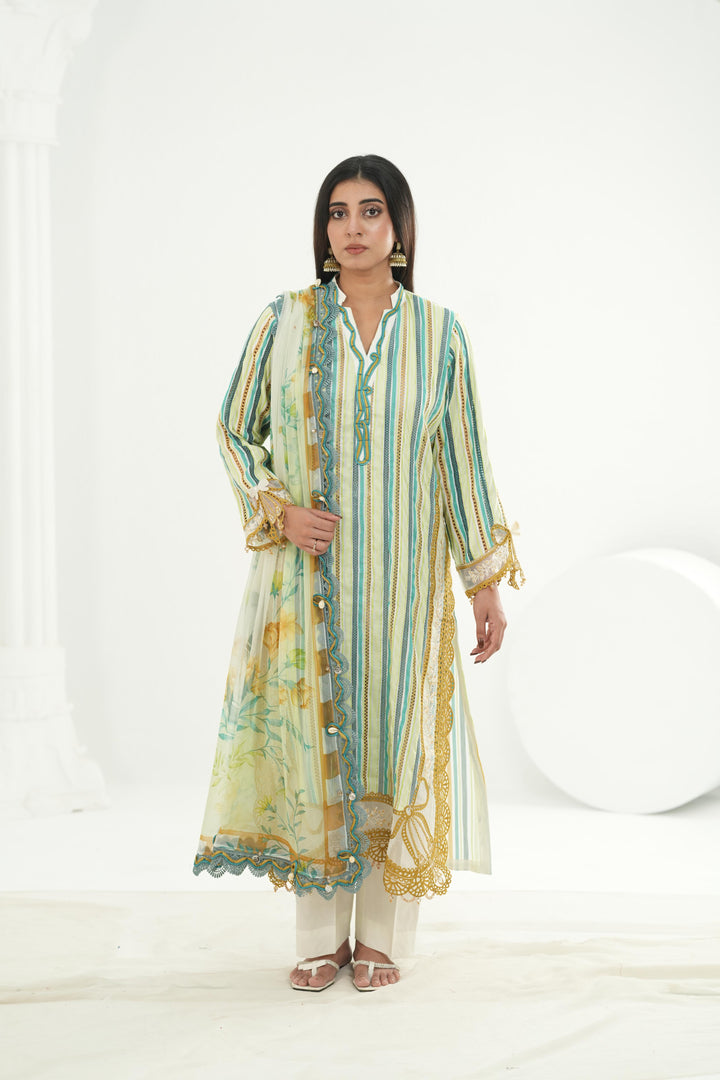 Embroidered Lawn Mustard Green Stitched Suit - Maria B M Print '26