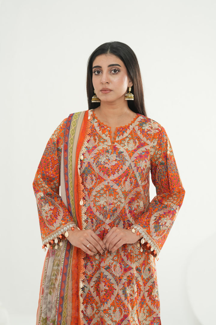 Embroidered Lawn Orange Stitched Suit - Maria B M Print '26
