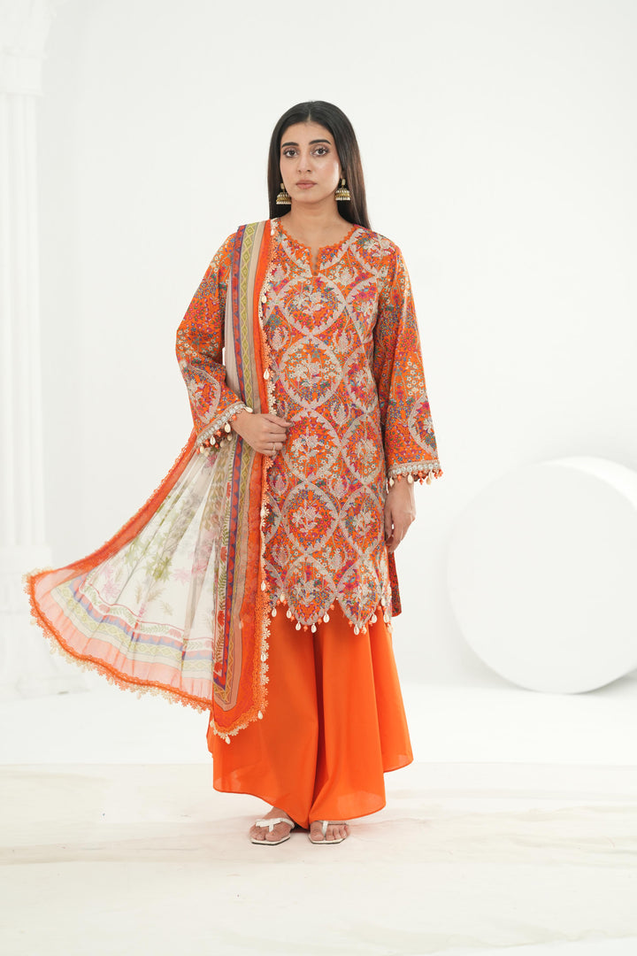 Embroidered Lawn Orange Stitched Suit - Maria B M Print '26