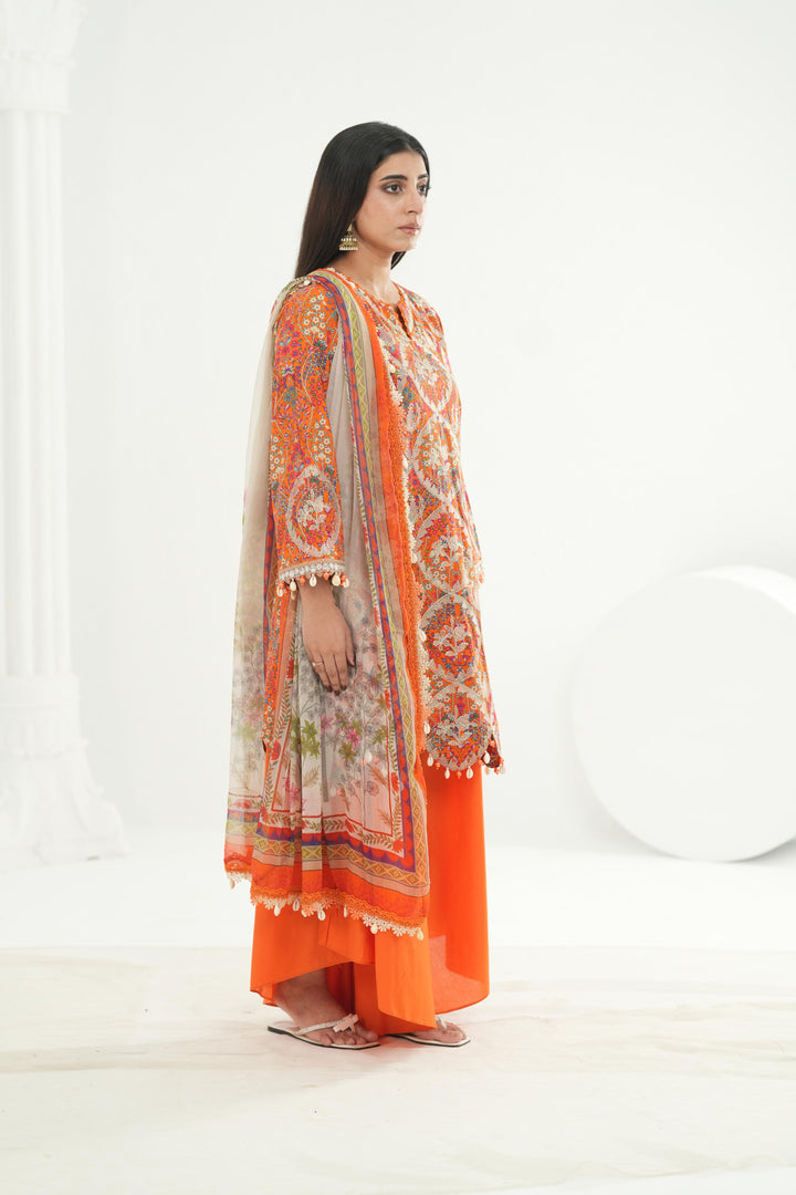 Embroidered Lawn Orange Stitched Suit - Maria B M Print '26