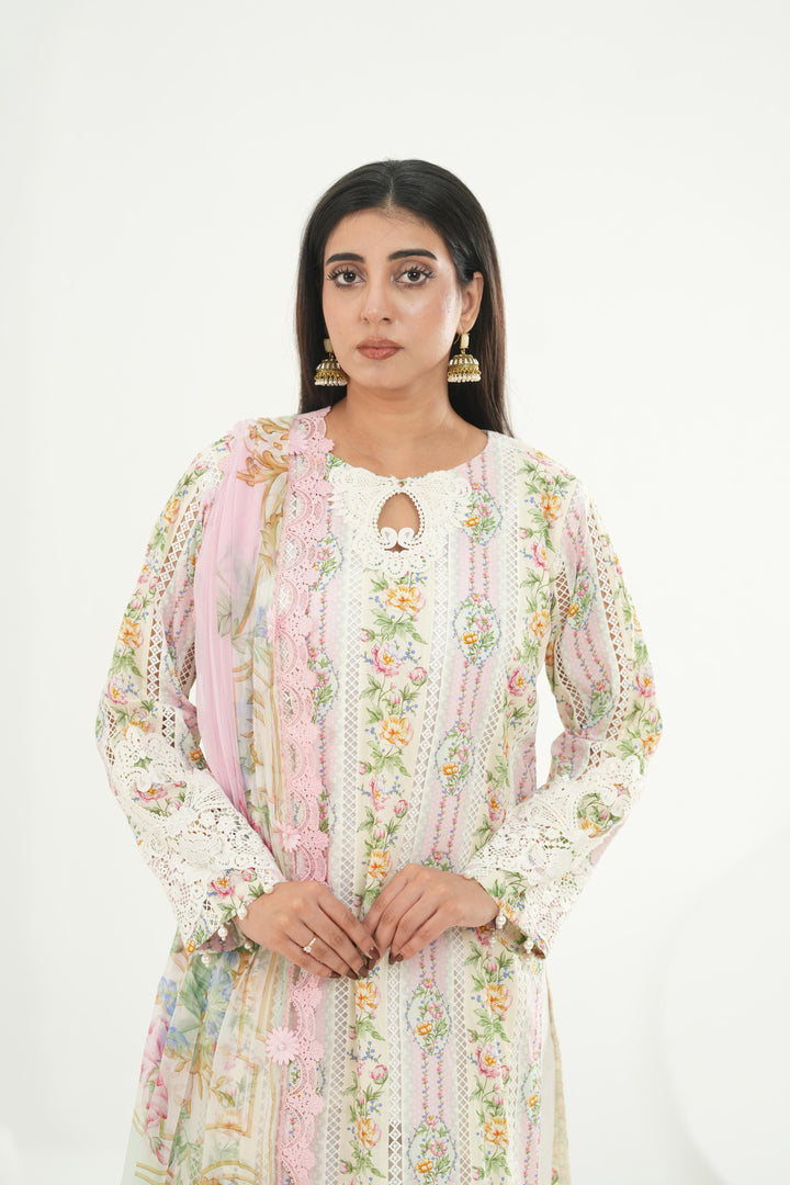 Embroidered Lawn Pink & Off White Stitched Suit - Maria B M Print '26